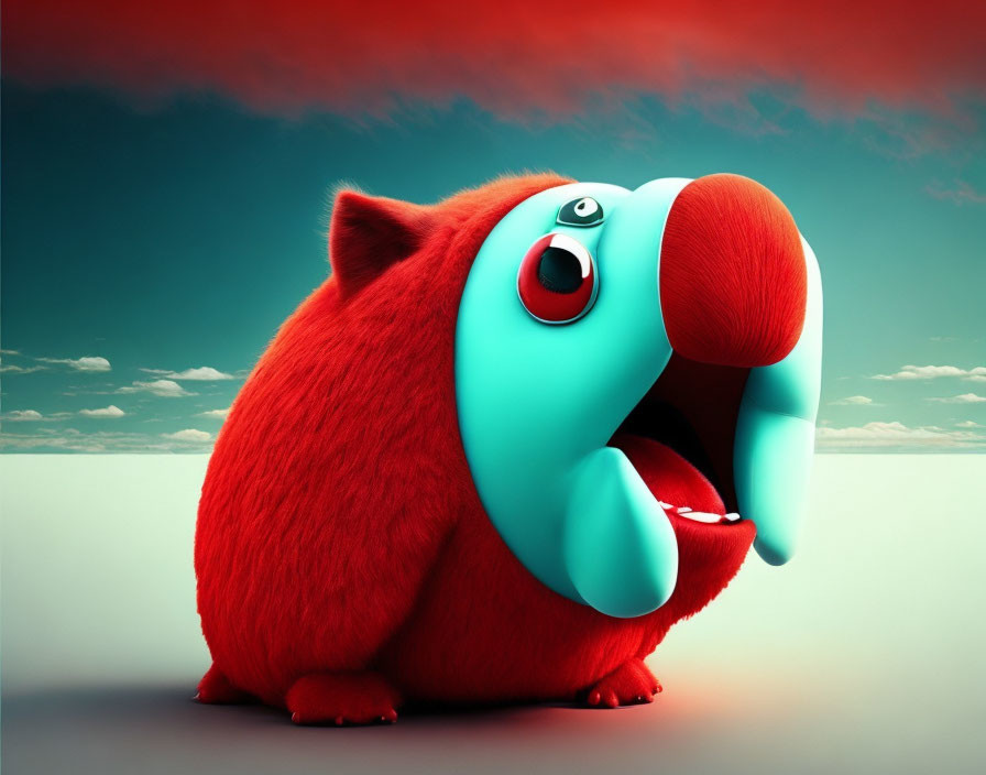 Fluffy red creature with big nose and small eyes on two-toned background