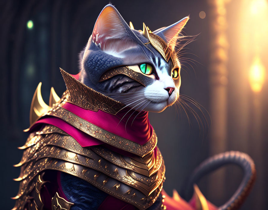 Fantasy-style cat illustration in ornate armor with green eyes