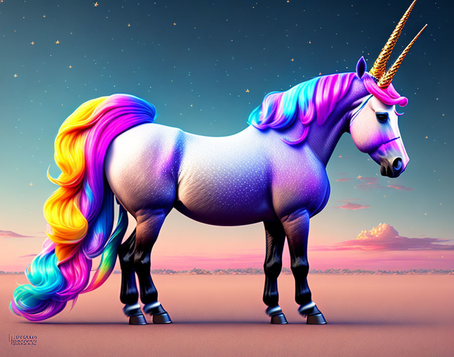 Colorful unicorn illustration under starlit sky