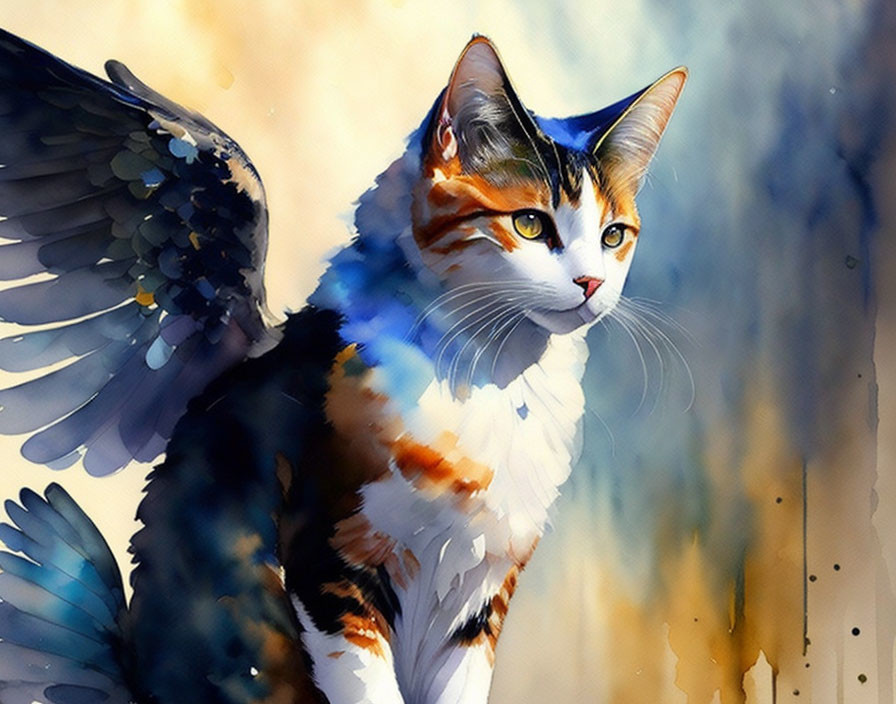 Colorful Watercolor Painting: Whimsical Winged Cat in Orange, Black, and White