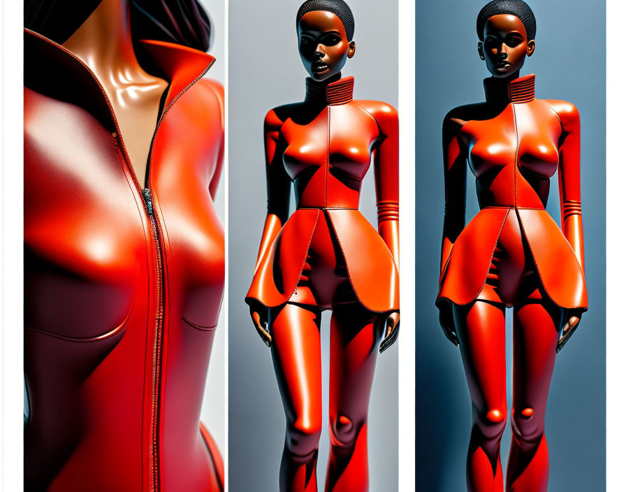 Futuristic Red Bodysuit Mannequin Triptych on Blue Background