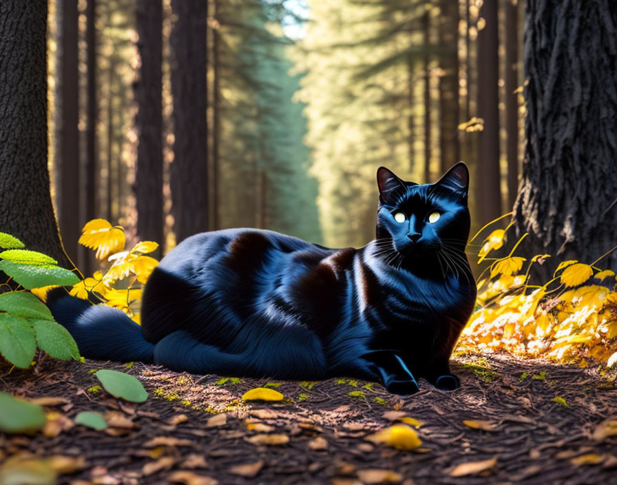 Striking blue-eyed black cat in sunlit autumn forest