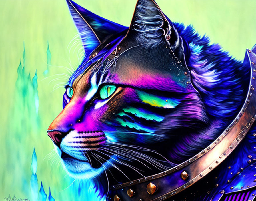 Colorful digital artwork of cat head with multicolored fur and green eyes in armored collar on green