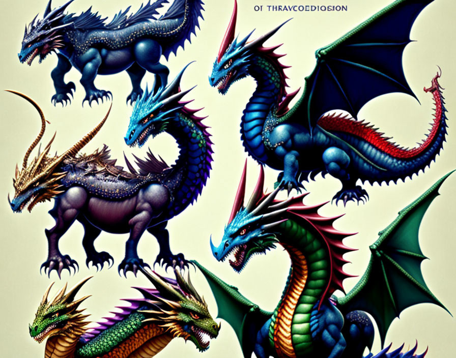 Multicolored Dragons with Diverse Features on Neutral Background