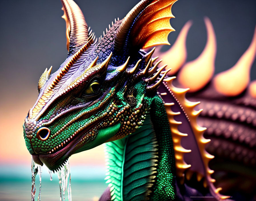 Detailed Dragon Sculpture with Green and Yellow Scales and Large Horns