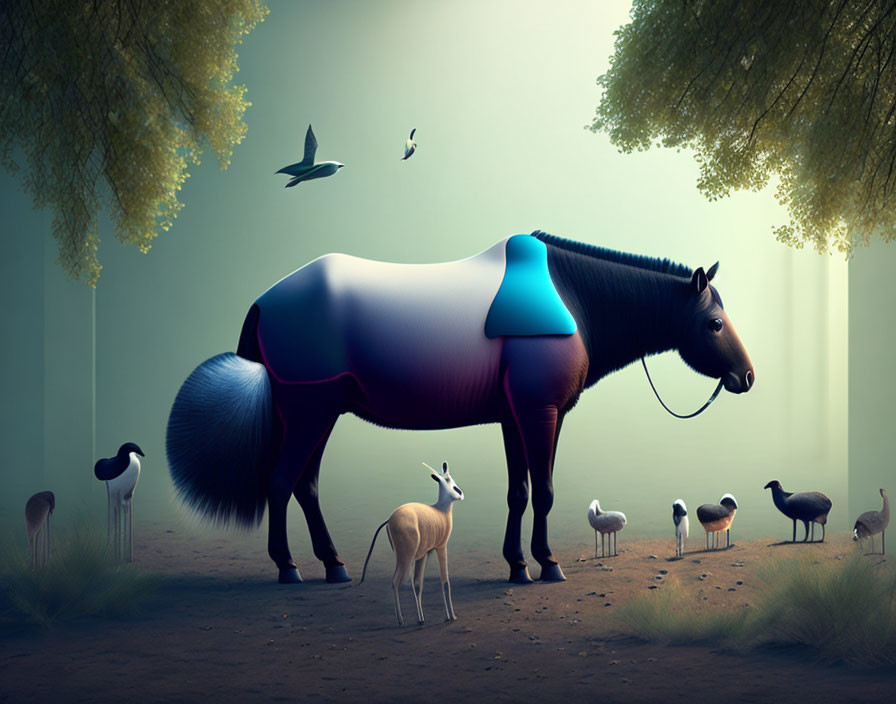 Large stylized horse amid smaller animal figures in surreal landscape