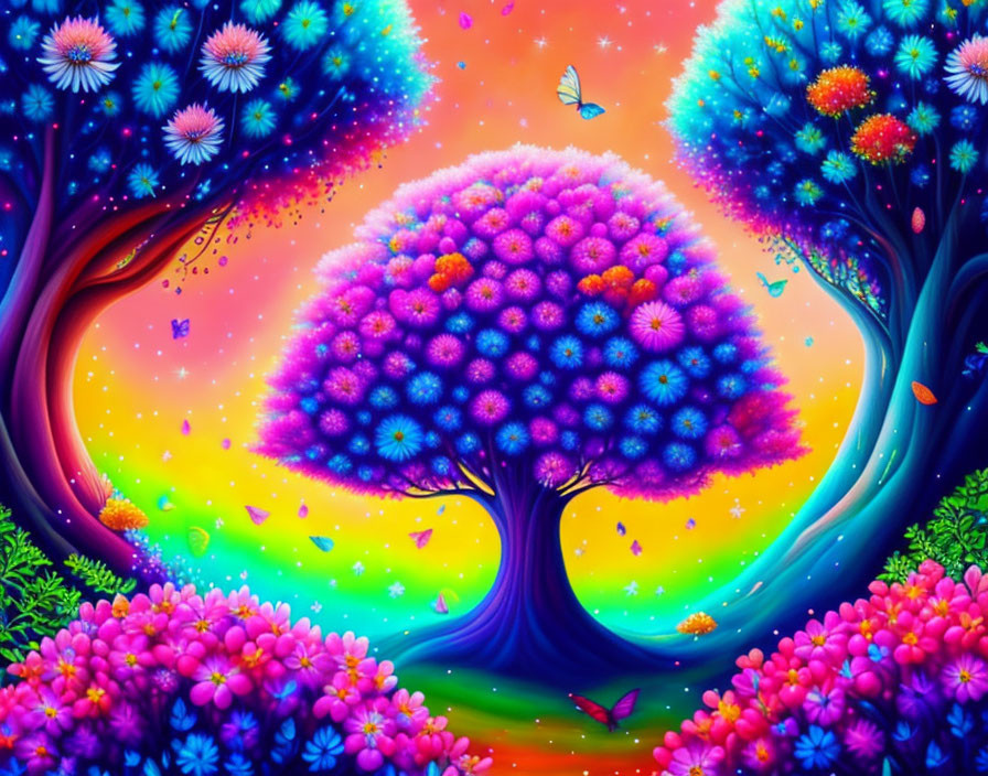 Colorful Fantasy Landscape with Multicolored Flower Tree and Butterfly