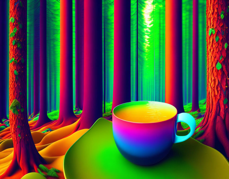 Colorful Surreal Landscape with Neon Trees and Oversized Coffee Cup