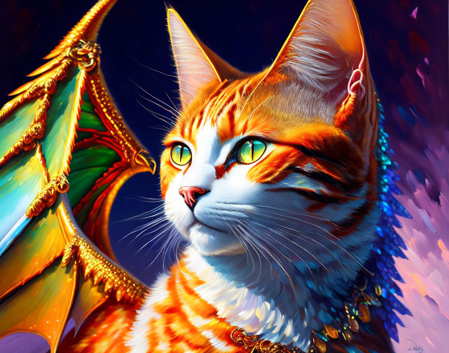 Vibrant digital painting of orange tabby cat and green-eyed wing