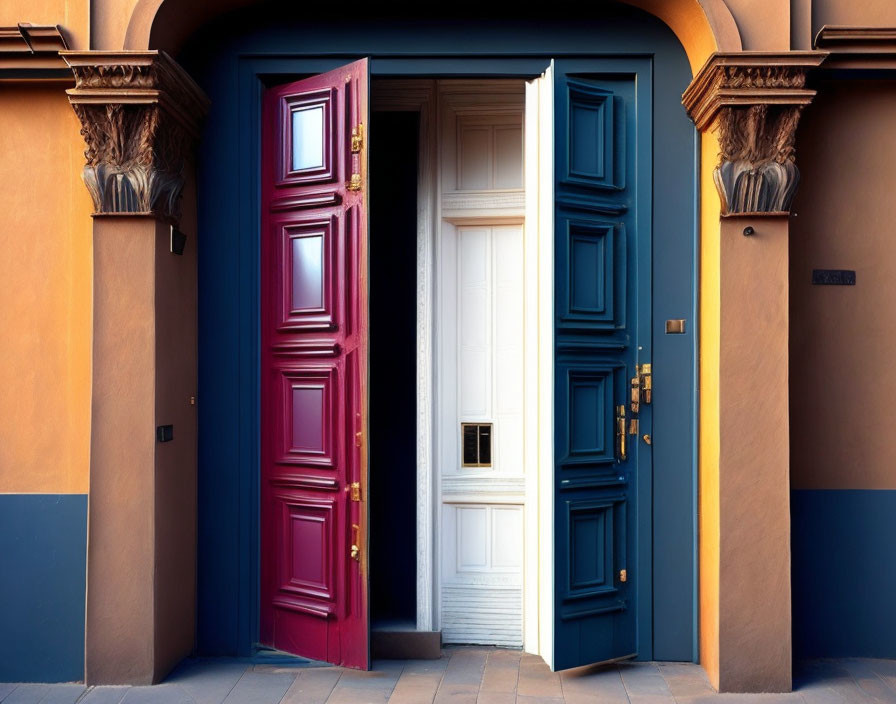 Colorful red and blue doors open against terracotta wall, revealing inner white door.