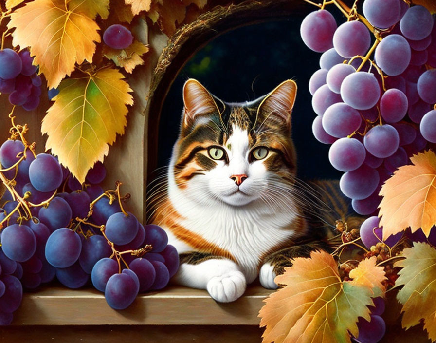 the cat lies in the grapes, the picture