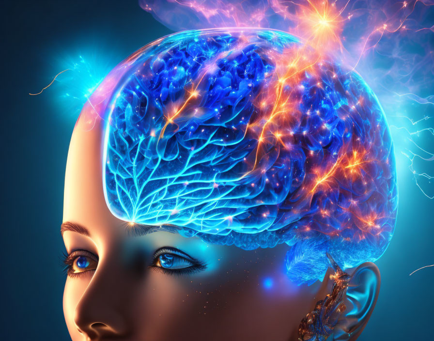 A glowing blue glass brain with internal sparks fl