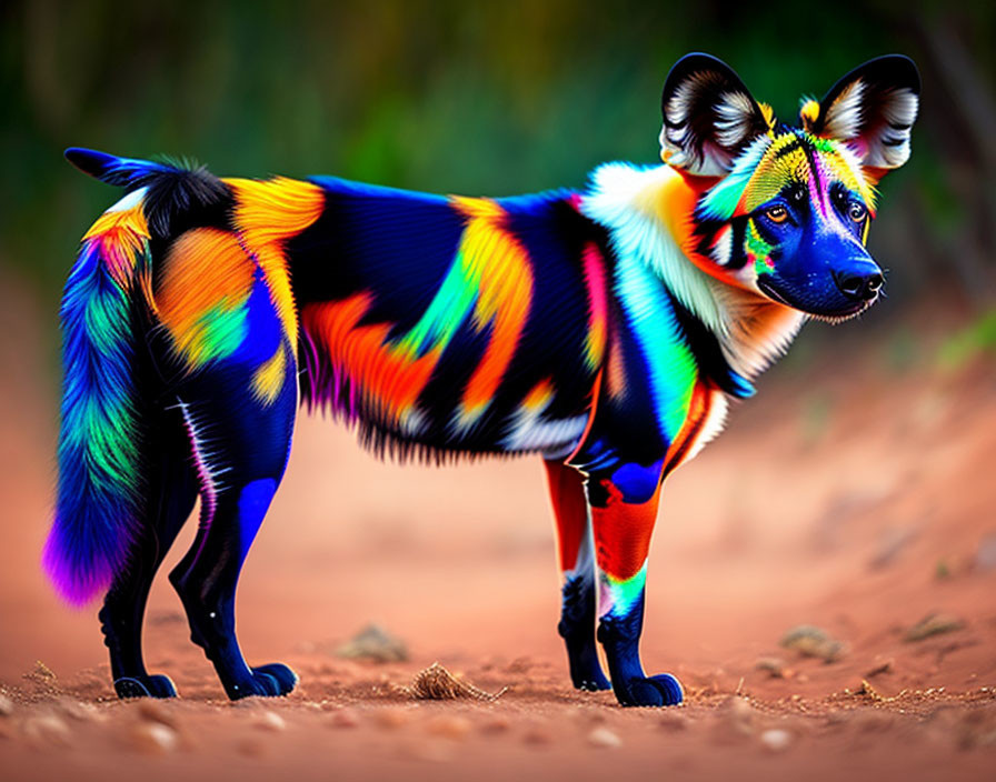 Colorful Rainbow-Hued Dog-Like Animal with Oversized Ears in Nature