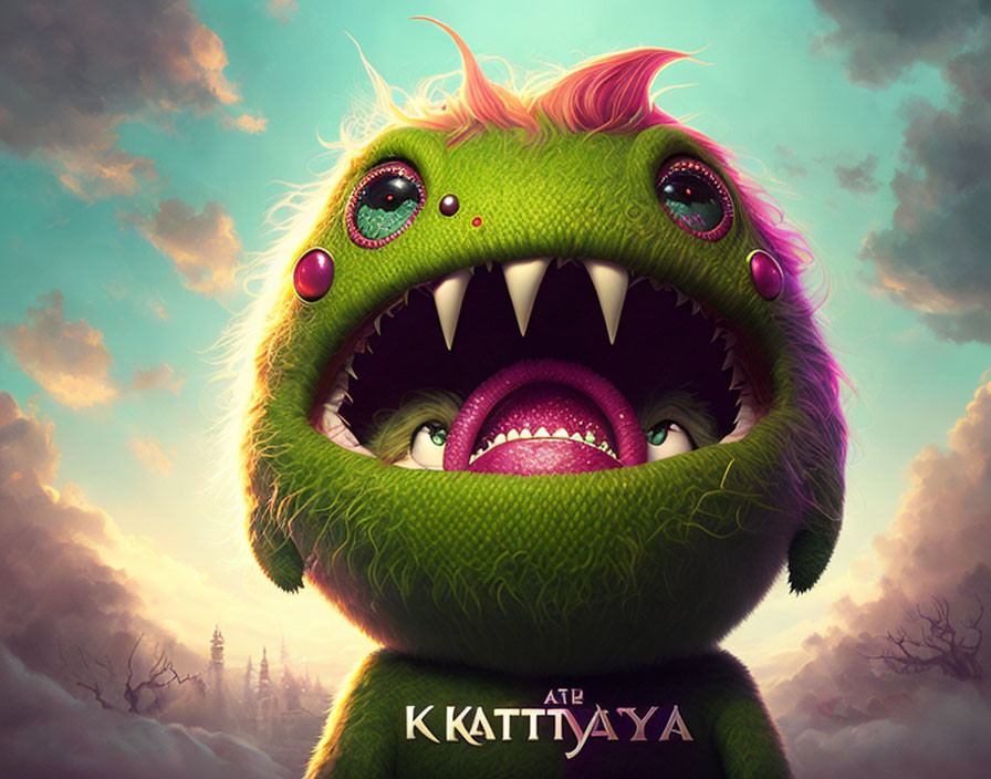 Vibrant illustration of a green monster with pink mohawk and sharp teeth