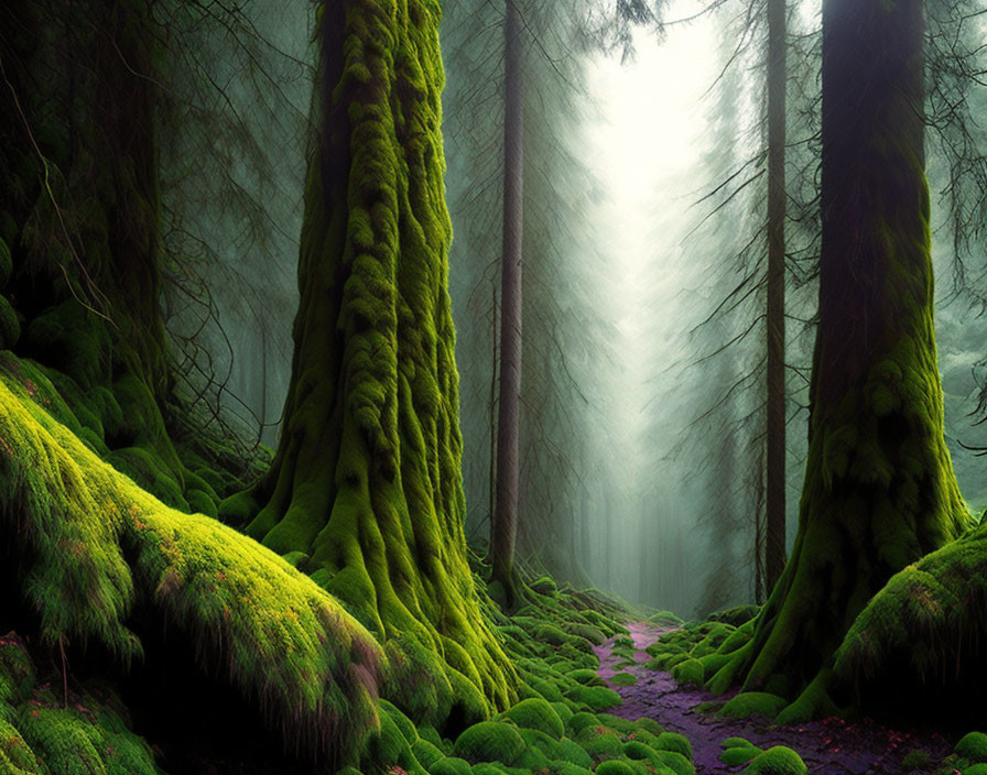 Enchanting forest path with moss-covered trees and soft light