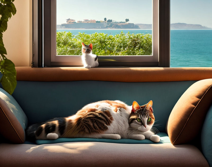 Two cats in room with seaside view: one on couch, one on windowsill