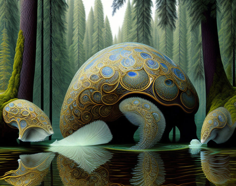 Ornate fractal mushroom structures in fantasy landscape