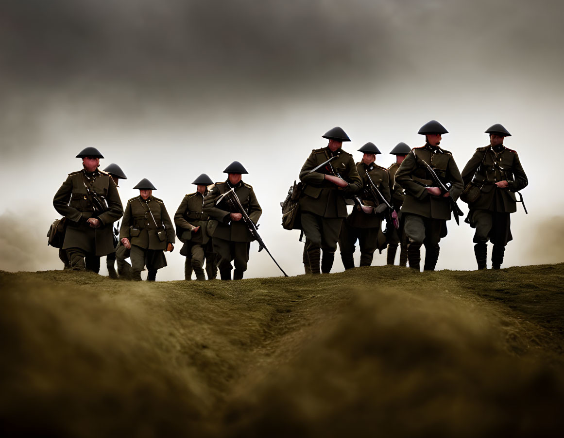 Soldiers in old military uniforms with rifles walking over a hill under a cloudy sky