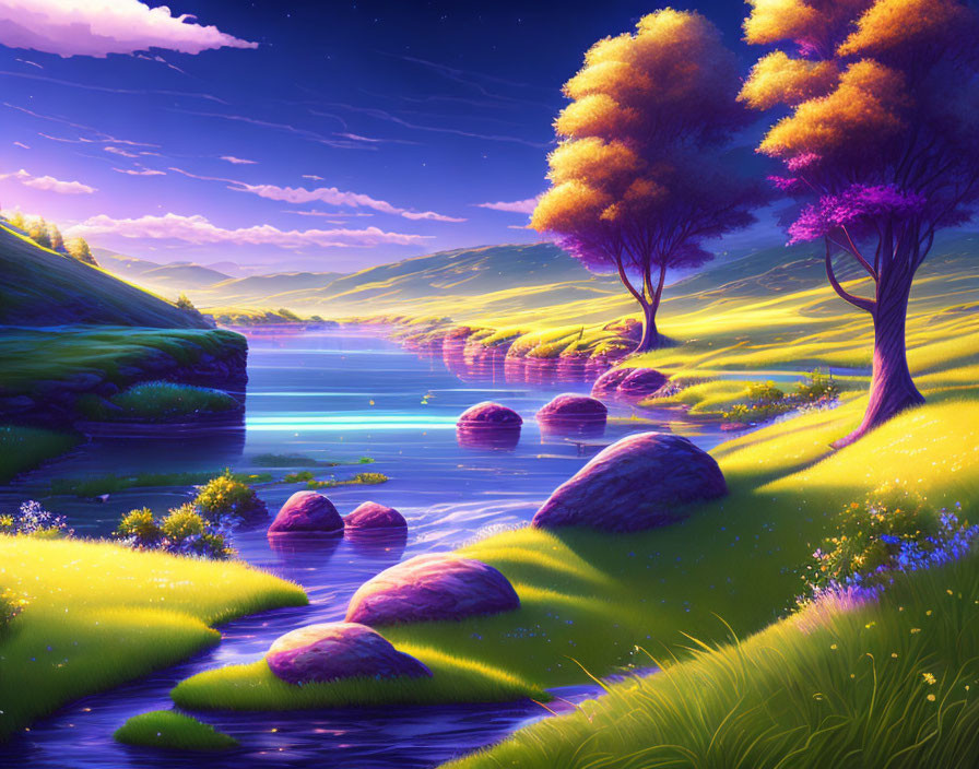 Tranquil fantasy landscape: vibrant trees, calm river, stepping stones, glowing flowers.