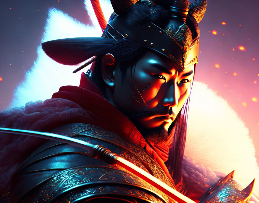 Stylized warrior in ancient armor with glowing red ambiance and dramatic lighting