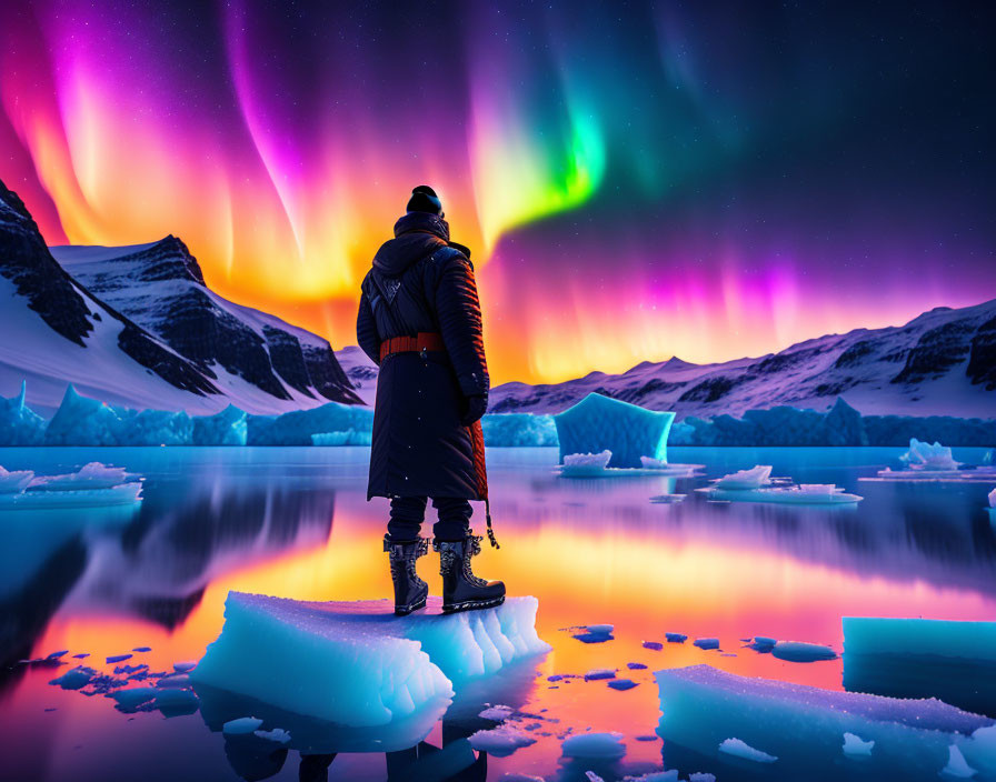 Person admiring vibrant aurora borealis over icy waters