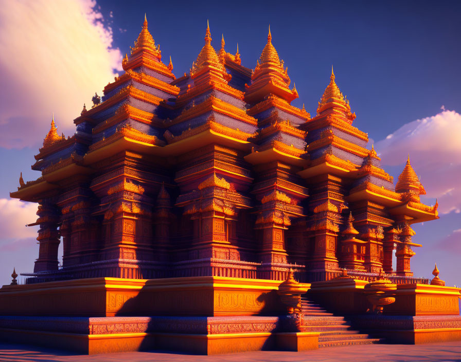 Imposing multi-tiered temple with intricate carvings at sunset