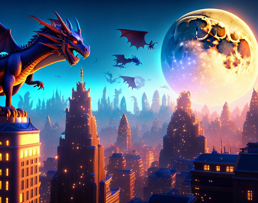 Nighttime cityscape with dragons, moon, bat silhouette, and perched dragon.