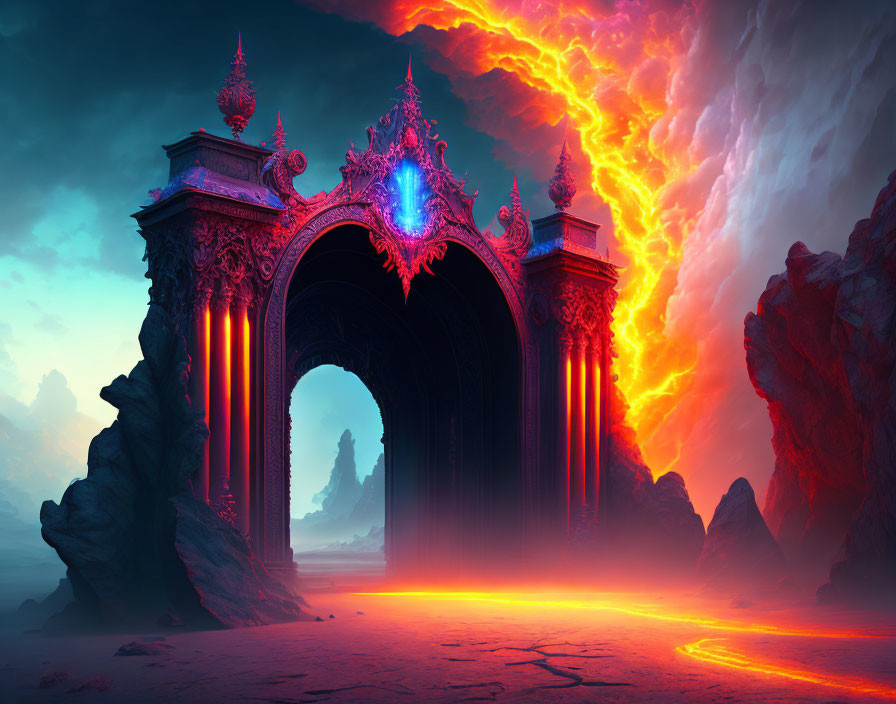 Gothic archway in surreal landscape with fiery river and dramatic sky