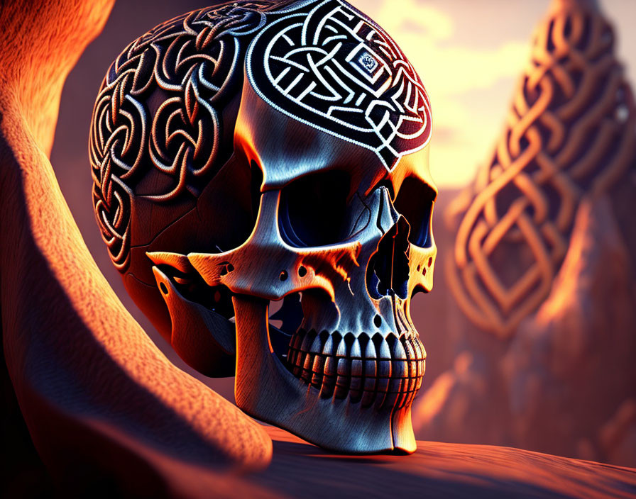 Intricately Engraved Celtic-Style Human Skull in 3D Render