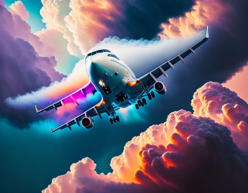 Colorful airplane soaring through dynamic twilight sky among vibrant clouds