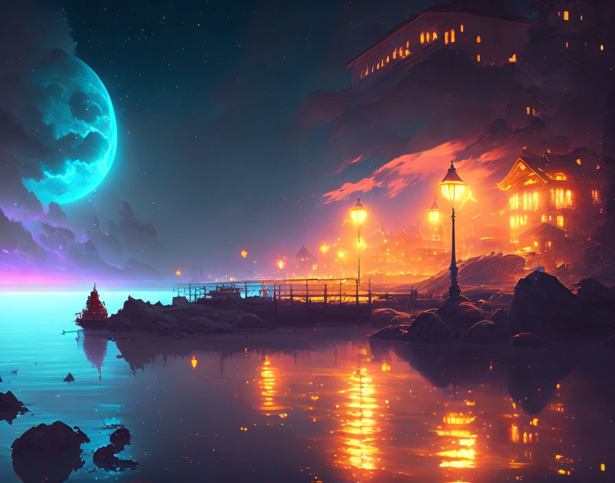 Night Coastal Scene: Illuminated Buildings, Moonlit Sky, Reflecting Street Lamps, Boat at