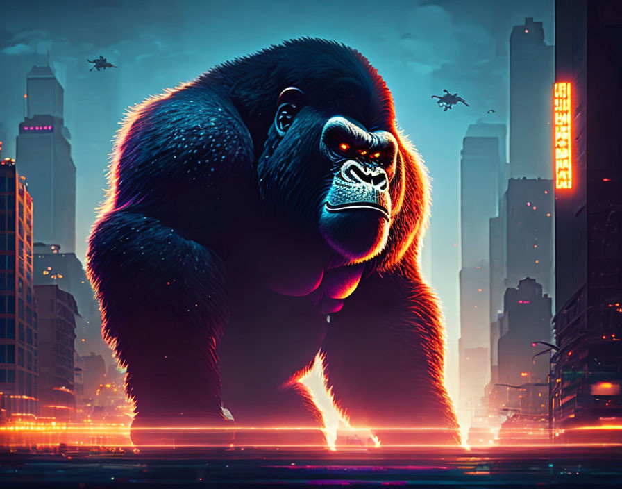 Giant gorilla overlooking futuristic city at dusk