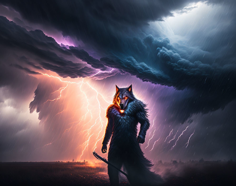 Mystical werewolf in open field under stormy sky