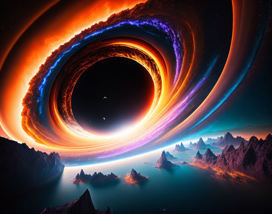 Sci-fi landscape with swirling wormhole above rocky mountains