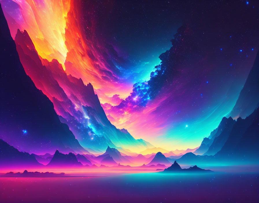 Colorful lights over mountains and glowing water scene