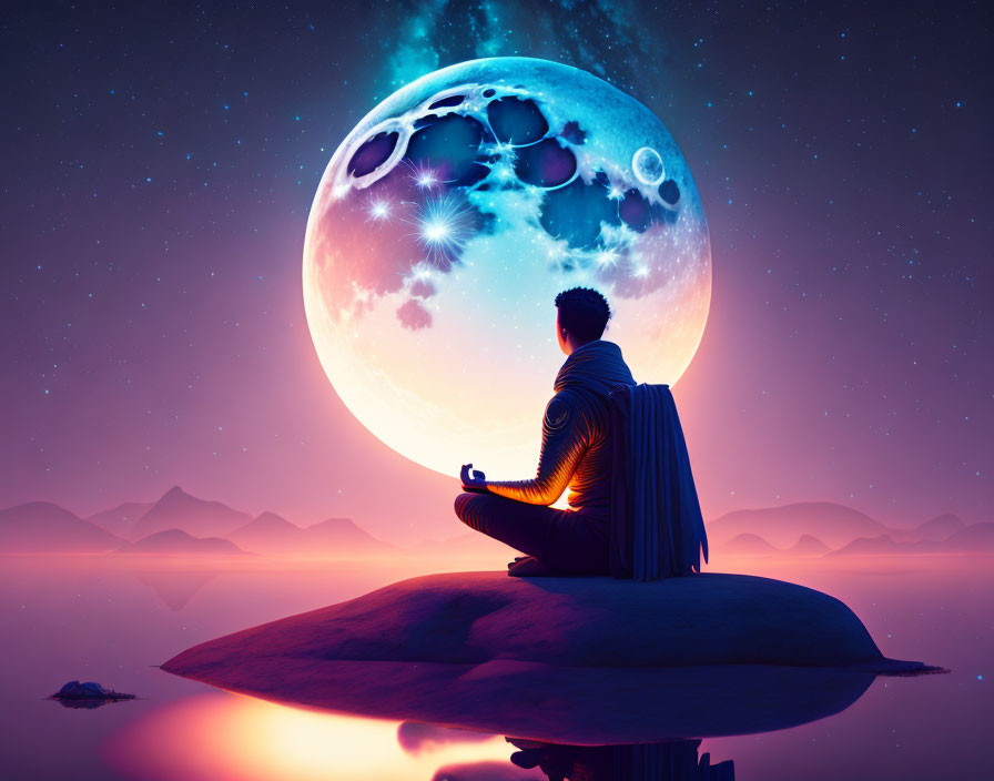 Person sitting cross-legged on rock gazing at detailed moon in purple twilight sky above reflective water.