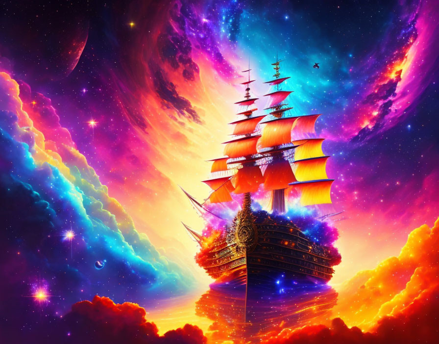 Colorful digital artwork: sailing ship in cosmic sky