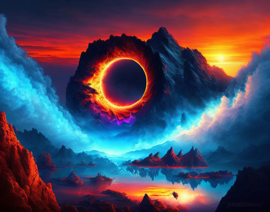 Fantasy landscape with eclipse, mountain, fiery clouds, and blue waters