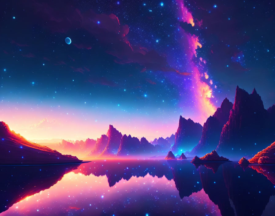 Digital artwork of serene lake, mountains, starry sky, nebula, crescent moon