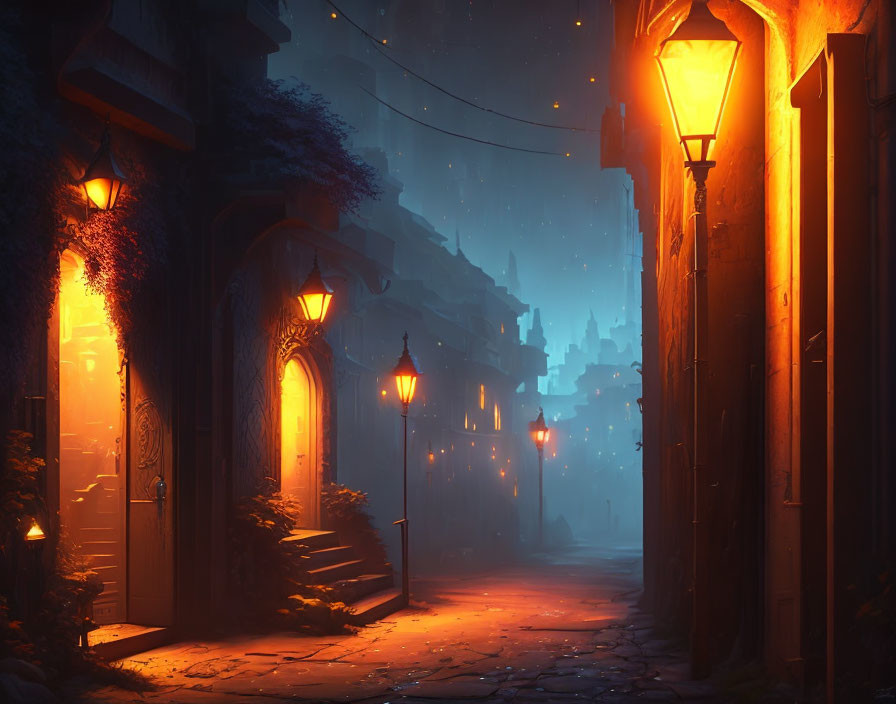 Mystical narrow alley with warm street lamps at dusk