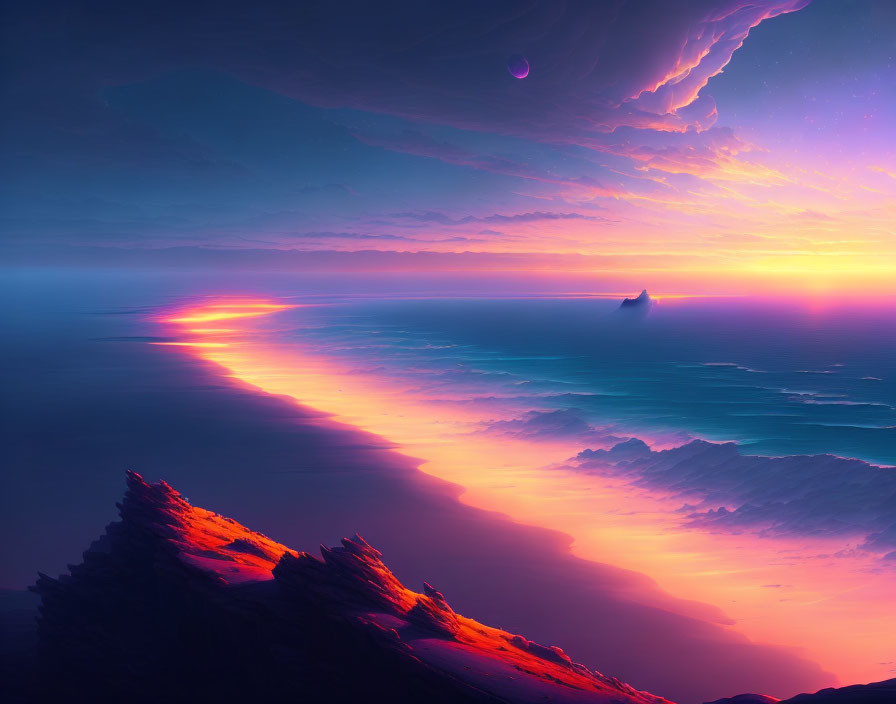 Surreal digital landscape: vibrant sunset with purple skies, pink clouds, golden ocean reflection, distant