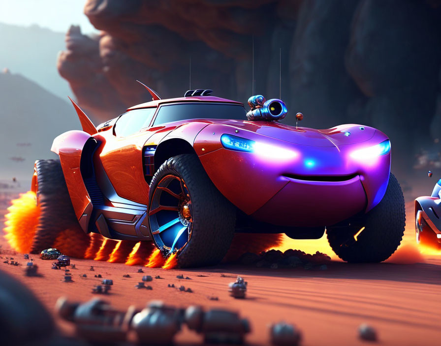 Futuristic orange car with purple headlights on alien terrain with robotic creatures
