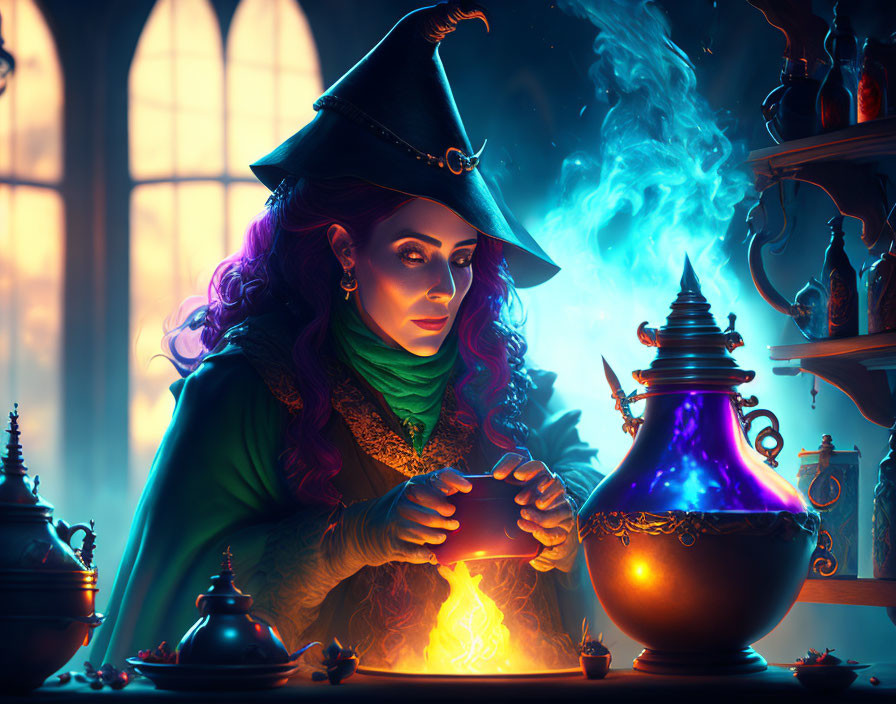 Mystical witch brewing potion in candlelit room