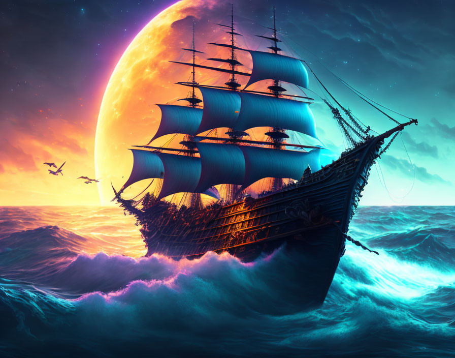 Tall ship with blue sails on turbulent seas under large moon