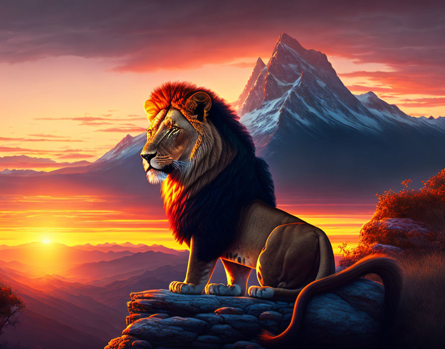 Majestic lion with fiery mane on rocky outcrop at vibrant sunset