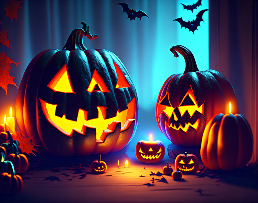 Spooky Halloween scene with carved pumpkins, bats, and candles