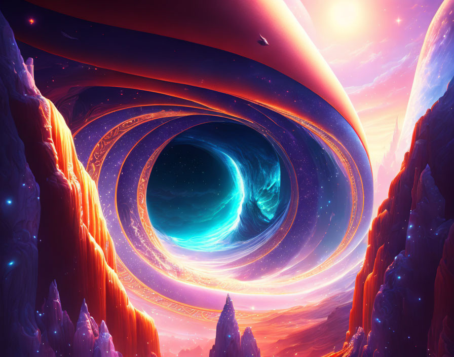 Colorful Sci-Fi Landscape with Wormhole Portal, Lava, and Rocky Terrain