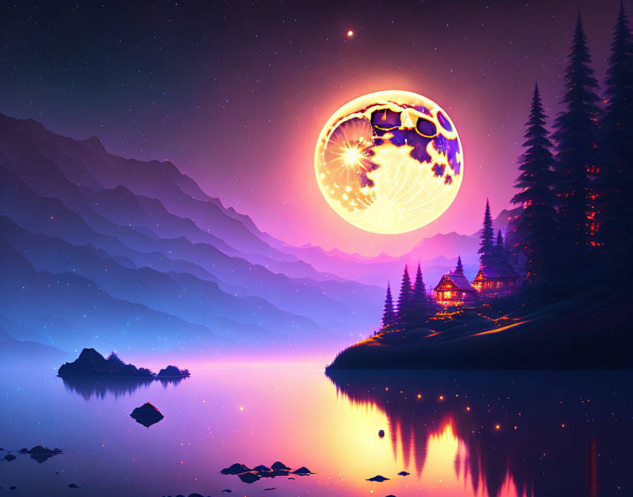 Detailed digital artwork of lakeside scene at twilight with large moon, cozy cabin, trees, and serene