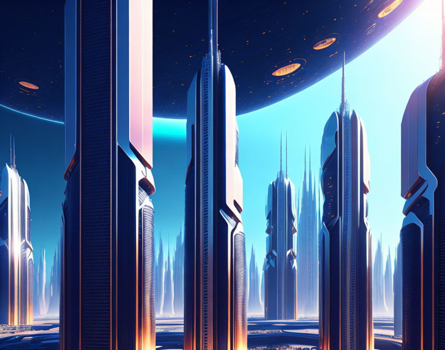 Futuristic Cityscape with Towering Skyscrapers and High-Tech Urban Environment