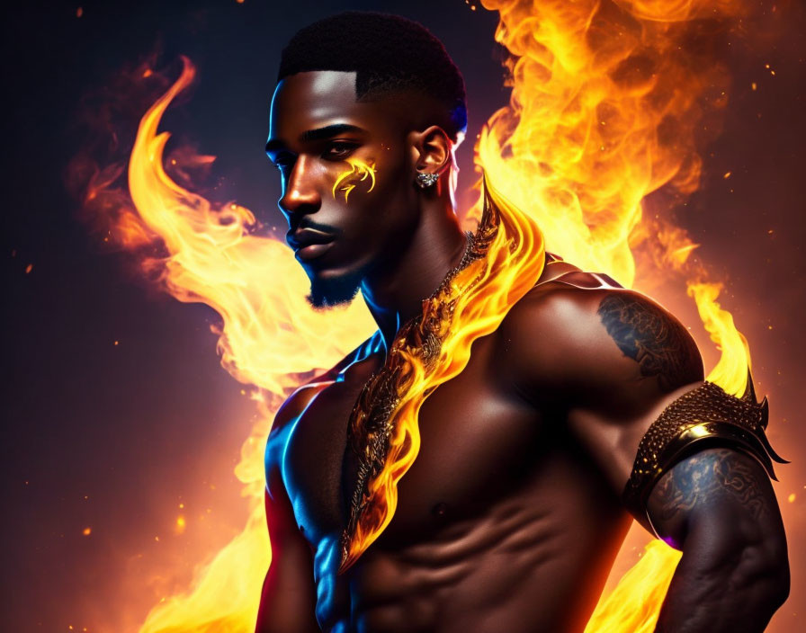 Portrait of shirtless man with lightning bolt face paint in fiery setting